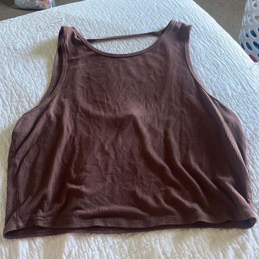 Brown ribbed open back tank top